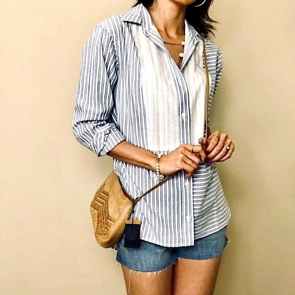 Current/Elliott Rosie Blue Striped Hi Lo Long Sleeve Button Down Shirt Size 2